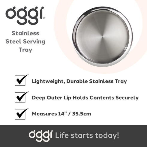 OGGI Round Tray Steel 14" - Ideal Coffee Table, Decorative Tray, Tea and Bar Serving Tray Stainless Steel...