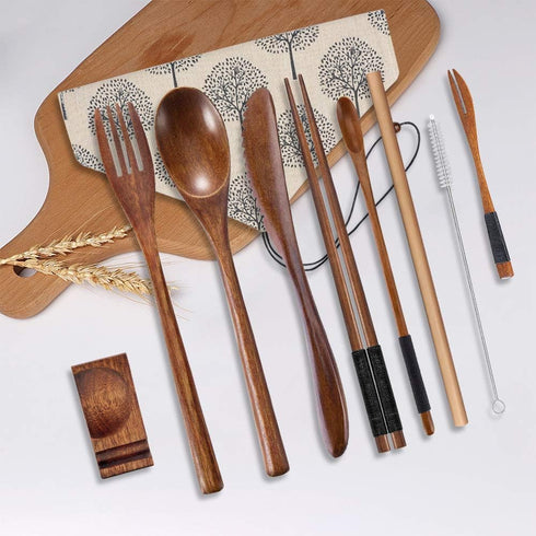 OKA Reusable Wooden Travel Cutlery Set Japanese Style Lunch Utensil Set with Case ,9 Pcs Wooden Flatware Including Reusable Knife Fork Spoon Chops...