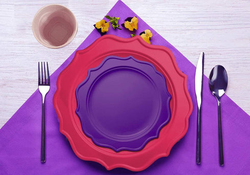 Tiger Chef 96-Pack Fuchsia and Purple Color Round Scalloped Rim Disposable Plastic Plate Set for 48 Guests Includes 48 10-Inch Dinner Plates, 48 8...