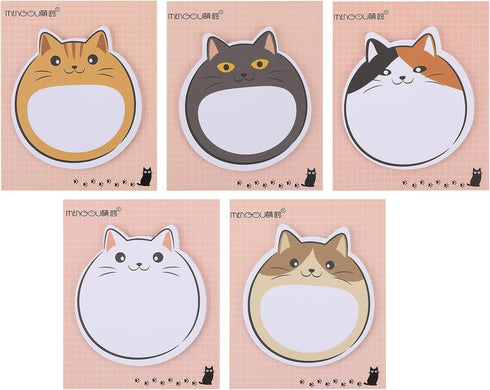 Cobee Cute Cat Sticky Notes, 5 Pack Kawaii Animal Self-Stick Notes Cartoon Cat Self-Stick Memo Pads Cute Shapes Markers Flags Students Home Office...