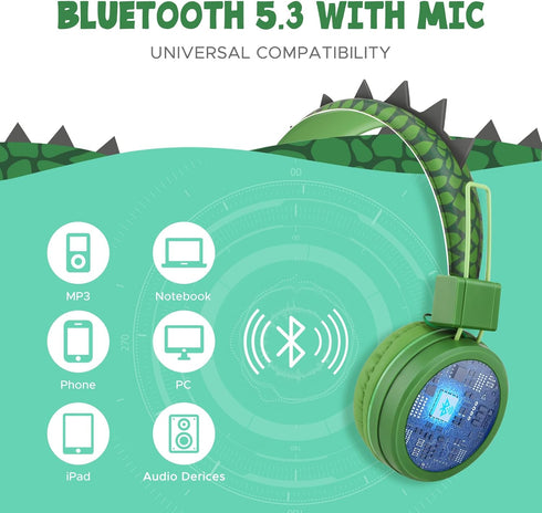 QearFun Dino Headphones for Boys Kids for School,Kids Bluetooth Headphones with Microphone & 3.5mm Jack,Teens Toddlers Wireless Headphones with Ad...