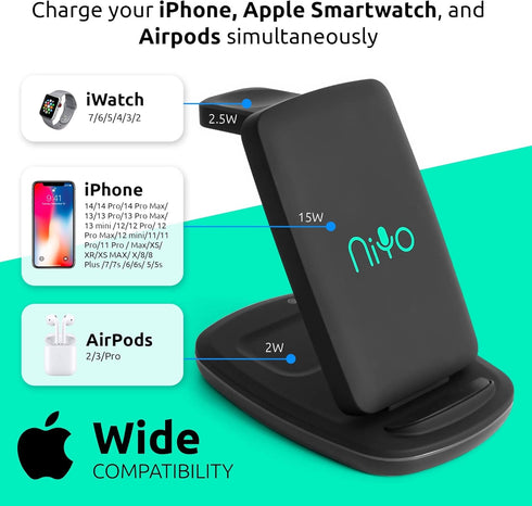3-in-1 Wireless Charger Foldable - NiYo Universal Charging Station Compatible w/iPhone 14/13 Pro/13/12/11/Pro/SE/XS/XR/8, Apple Smartwatch & Airpo...