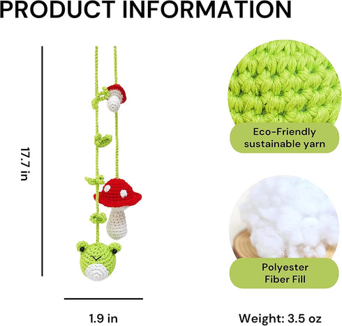 2PCS Crochet Frog and Mushroom Ornament, Accessories for Rear View Window, Handmade Hanging Car Charm, Automotive Interior Decorations, House Deco...