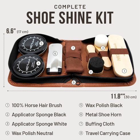 Deluxe Portable 7pc Shoe Shine Kit - Genuine Horsehair Brush, Black & White Shoe Polish - Suede & Leather Cleaning Kit for Sneakers, Boots...