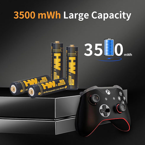 HW 4 Pack Rechargeable Lithium Batteries AA, 1.5V 3500 mWh 2.5H Fast Charge Long-Lasting Power 1000+ Cycles Reuseable Double A Battery...