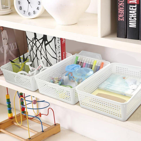 Plastic Storage Trays Baskets/Organizing Baskets, 13.2 Inches x 9.6 Inches x 3.6 Inches, Set of 6 (White)...