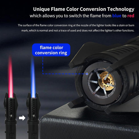 Torch Lighter, Bright Fire Lighter with Safety Lock and Adjustable Red/Blue Flame, Refillable Butane Gas Windproof Jet Flame Cool Lighters, for Ca...