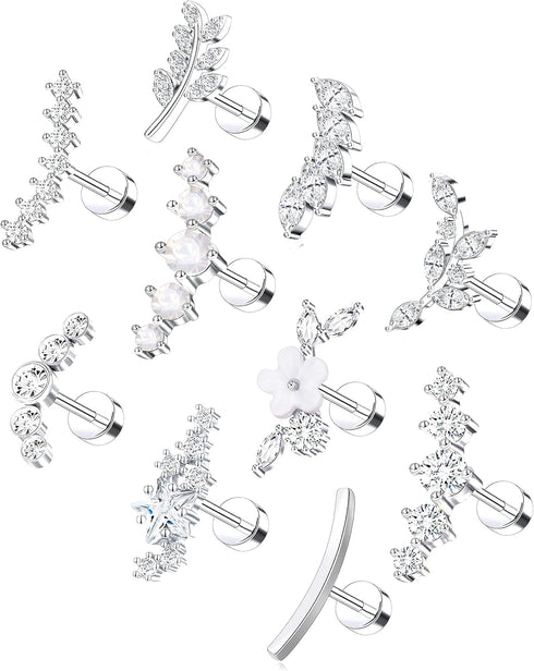 10Pcs 16G G23 Titanium Cartilage Earrings Stud Opal CZ Flower Star Leaf Ball Flat Back Labret Studs Conch Helix Tragus Daith Piercing Jewelry Sets...
