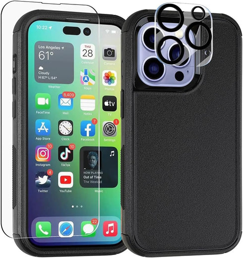 for iPhone 14 Pro Max Case, Heavy Duty Protective Phone Case with Glass Screen Protector + Camera Lens Protector, Shockproof Dropproof Cover for A...