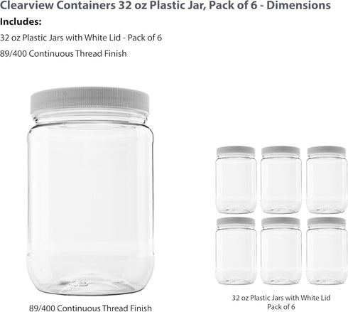 6 Pack of 32 Ounce Plastic Quart Jars with 89RM Leak Proof Seal Lid - Food Grade and BPA Free (32oz, 6pk)...