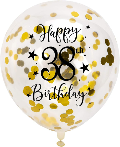 Gold 38th Confetti Latex Balloons, Woman or Man Happy 38 Years Birthday Party Balloon Decoration With Confetti, 12in, 16 Pack...