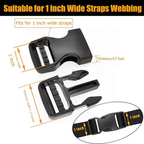 Buckle 1" Wide Inside, Quick Side Release Buckle for 1 inch/25mm Webbing Straps, Heavy Duty Plastic Buckles Dual Adjustable No Sewing Clips for Bo...