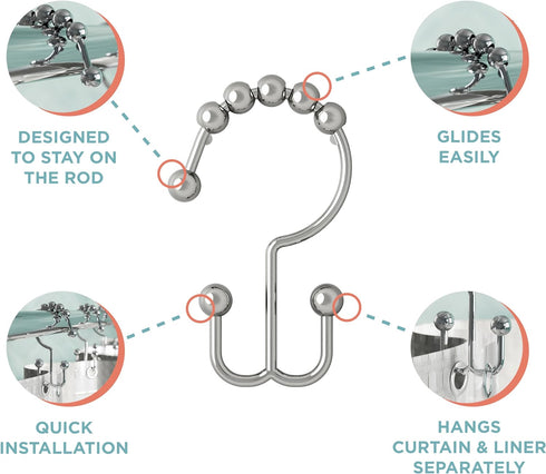 Zenna Home Shower Curtain Hooks, Chrome, Set of 12 – Premium Shower Curtain and Liner Rings with Double Roller Glide and Double-Sided Design – Rus...