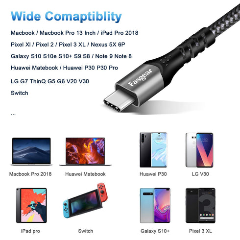 Fasgear USB C to USB C Cable 3ft, 10Gbps USB 3.1 Gen 2 Cord 5A Fast Charger with 4K Video and 100W Power Delivery (PD) Thunderbolt Compatible for ...