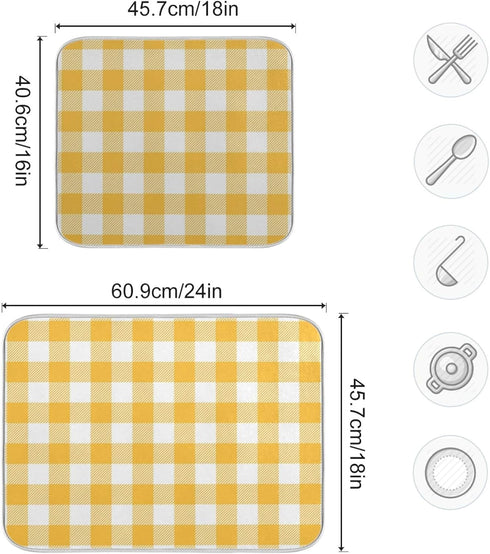 Qilmy Yellow Checked Dish Drying Mat for Kitchen Countertop, Absorbent Dry Mats for Dishes Draining Pad-18" x 24"...