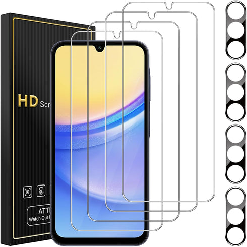 4 Pack Screen Protector for Samsung Galaxy A15 5G with 4 Pack Camera Lens Protector, Full Coverage Tempered Glass Film Anti-Fingerprint Case Frien...