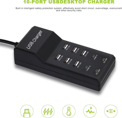 USB Charger,100W USB Charging Station with 10-Port(6 USB-A Port&2 USB-C Port&2 PD20W) Compatible with iPhone 15/14/13/13pro Max 12/12 Mini/12Pro/1...