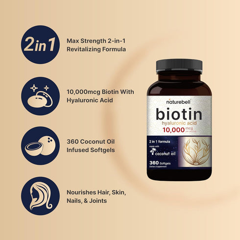 Biotin 10000mcg + Hyaluronic Acid 25mg | 360 Coconut Oil Softgels, Premium Biotin Vitamins for Hair Skin and Nails, Highly Purified and Bioavailab...