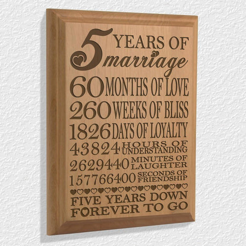 KATE POSH - 5th Anniversary Engraved Natural Wood Plaque, 5th Wedding for Her, for Him, for Couple, 5 Years of Marriage, 5 Years Together as Husba...