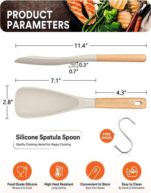 Cooking Spoon for Nonstick Cookwares, Great for Cooking and Serving Durable BPA-Free Matte Silicone, Wood Handle Spoon for Mixing, Scoop, and Scra...