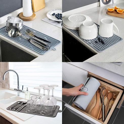 Dish Mat Silicone Dish Drying Mats Works For Drying Stemware Cocktail Glasses Silverware Pots Pans Knives and Dish Rack for Kitchen Counter Sink B...