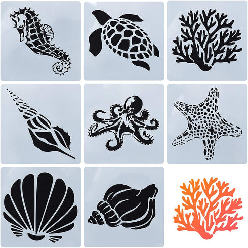 GORGECRAFT 8 Mixed Sea Animals Stencils Set 5.1x5.1 Ocean Creatures Painting Templates for DIY Art Crafts Scrabooking (Starfish, Conch, Seahorse, ...