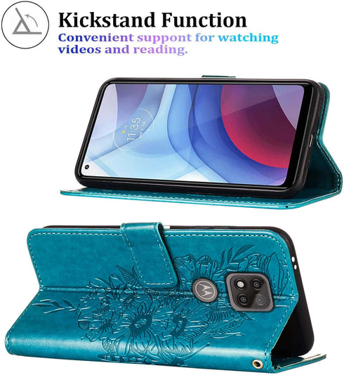 for Moto G Power 2021 Phone Case Wallet, Butterfly Floral Embossed, Wrist Strap, Card Holder Slots, Stand Leather Protective Flip Cover (Blue)...