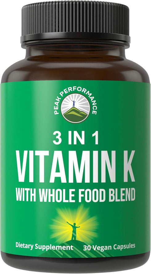 Vitamin K with Whole Food Blend of 25+ Vegetables and Fruits for Max Absorption. Vegan Capsules Supplement. Vitamins K1, K-2 MK4 + K2 Natto MK7. A...