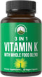 Vitamin K with Whole Food Blend of 25+ Vegetables and Fruits for Max Absorption. Vegan Capsules Supplement. Vitamins K1, K-2 MK4 + K2 Natto MK7. A...