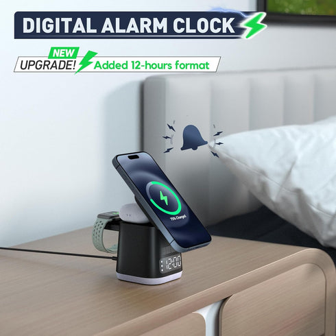 Alarm Clock + 3 in 1 Charging Station + Night Light, iphone iwatch airpod wireless charging dock, magsafe phone watch charger stand, travel charge...