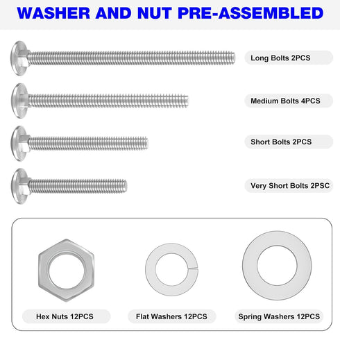 Wheelbarrow Handles Replacement Kit for 5/16 Stainless Nuts and Bolts 4", 3", 2-1/2" and 1" Wheelbarrow Parts, Wheel Barrow Handles - 12-Pack...