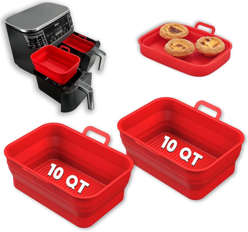Collapsible 2-Pack Air Fryer Silicone Liners for 10QT NINJA Foodi Dual, Rectangular Air Fryer Silicone Pot, Reusable Silicone Air Fryer Basket for...