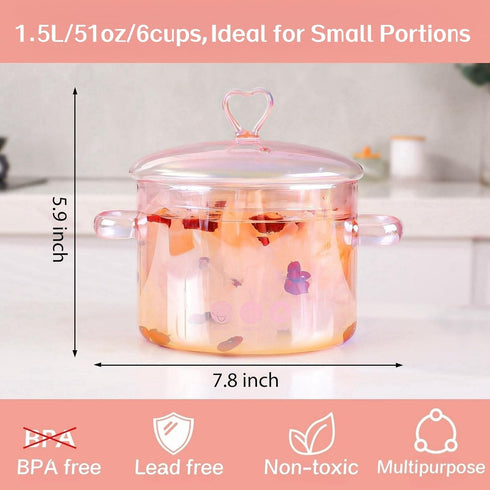 1.5L/51oz/6cups, Pink Glass Pots for Cooking on Stove, Glass Pot, Glass Pots for Cooking, Glass Cooking Pot, Glass Saucepan, Heat Resistant, Simme...