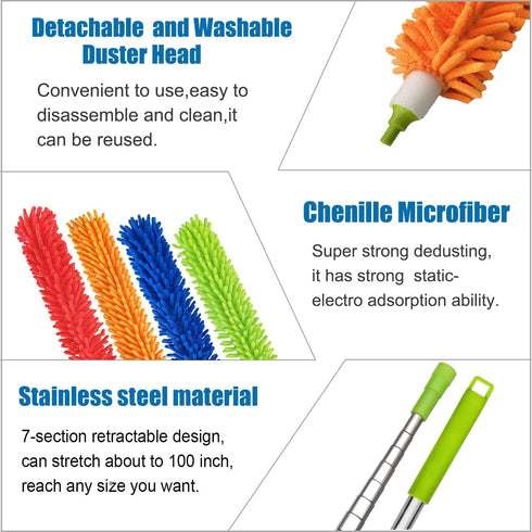 4 Pack 30" to 100" Microfiber Feather Duster, Extendable Pole, Detachable and Beandable and Washable Head, Cleaning Supplies for Office, Car, Wind...