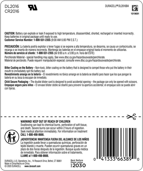 Duracell CR2016 3V Lithium Battery, Child Safety Features, 4 Count Pack, Lithium Coin Battery for Key Fob, Car Remote, Glucose Monitor, CR Lithium...