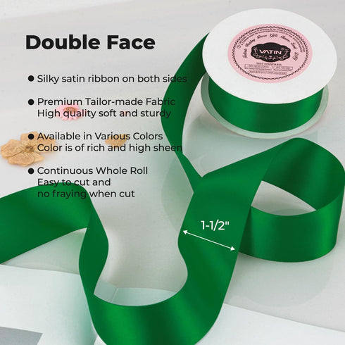 VATIN Double Face Emerald Green Satin Ribbon 1-1/2" Continuous 25 Yards,Green Polyester Fabric Ribbon use for Bows Bouquet, Gift Wrapping, Floral ...