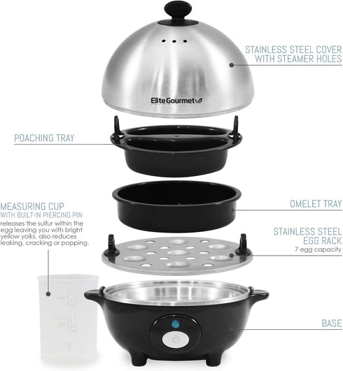 Elite Gourmet EGC-508 Rapid Egg Cooker, 7 Easy-To-Peel, Hard, Medium, Soft Boiled Eggs, Poacher, Omelet Maker, Auto Shut-Off, Alarm, 16-Recipe Boo...