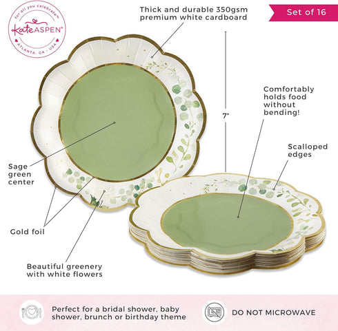 Kate Aspen Sage Green Party Decorations, Eucalyptus Floral Print 7 in. Decorative Premium Paper Plates (350 GSM weight -Set of 16) - Perfect for G...