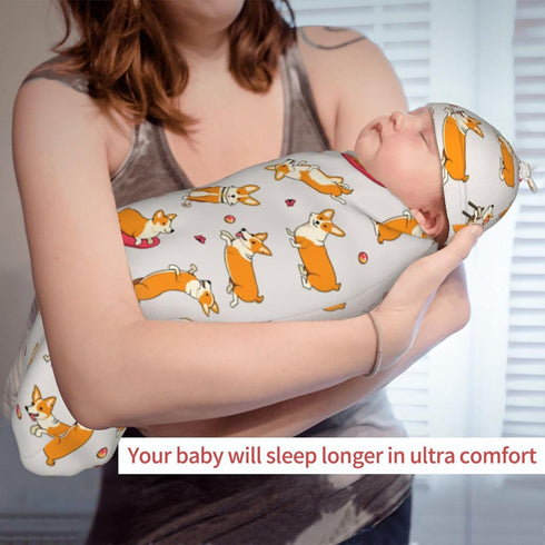 Cute Swaddle Blanket dog corgi Baby Stuff Newborn Baby Swaddling Blanket Sleep Sack with Beanie Hat Sets for Boys Girls Infant and Baby Shower Uni...