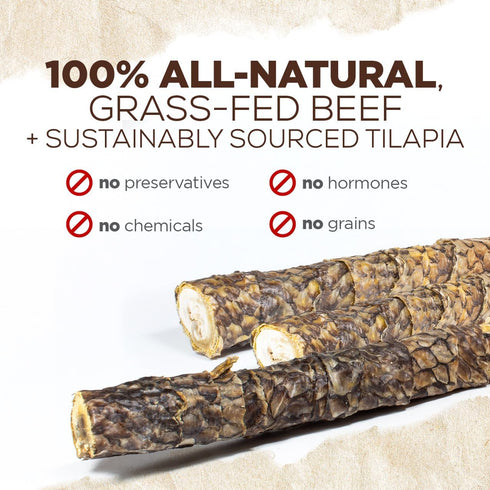 Natural Farm Power Fish Sticks Dog Chews (6”, 5-Pack), 2-in-1 Power Chews: Premium Beef Cheek Wrapped in Crunchy Tilapia Skin, Rich in Omega 3s, L...