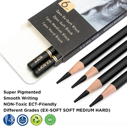 Professional Charcoal Pencils Drawing Set - 6 Pieces Soft Medium and Hard Charcoal Pencils for Drawing, Sketching, Shading...