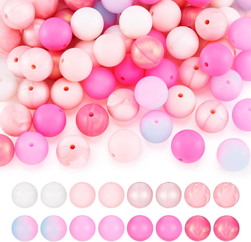 80Pcs 15mm Colorful Round Silicone Beads Pink Series Silicone Focal Beads Keychain Lanyards Beaded Pen Spacer Beads 8 Colors for DIY Jewelry Craft...