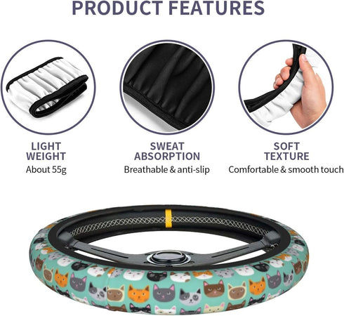 Steering Wheel Cover for Women Men Colorful Cats Kitten Kitty Green Neoprene Steering Wheel Protector Universal Fit Most Car Sedans SUVs - 15 Inch...