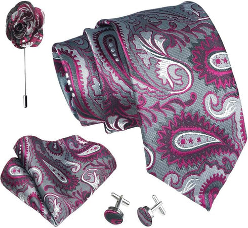 Paisley Ties For Men – Tie Set With Pocket Square Cufflinks & Flower Brooch Pin For Mens (APN1) (Pack of 4)...