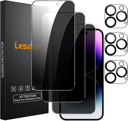 3+3 Pack Privacy Screen Protector for iPhone 14 Pro Max 6.7-Inch with 3 Pack Camera Lens Protector, Anti Spy Tempered Glass Film 9H Hardness Bubbl...