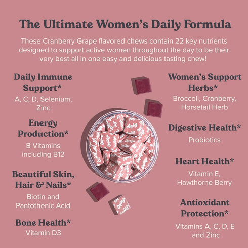 Women's Multivitamin Chews, Immune & Energy Support, Vitamins C, B12, A, D, E, Folic Acid, Probiotics, Biotin, Cranberry, Adult Chewable Vitamin, ...