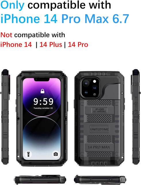 Unitedtime for iPhone 14 Pro Max Case Waterproof with Built-in Screen Protector Full Body Rugged Hard Silicone, Military Grade Shockproof Dustproo...
