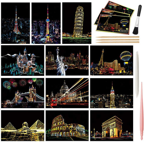 Magic Scratch Art Paper, Mini Envelope Postcard, Rainbow Night View Scratchboard for Adults and Kids, Art & Crafts Set: 12 Sheets Scratch Cards & ...