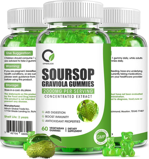 Organic Soursop Graviola Gummies| Organic Soursop Leaves and Seeds Extract 2000mg| Digestive Aid, Immune Support and Antioxidant Properties| Non-G...