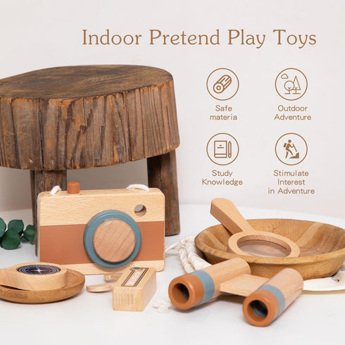 Wooden Outdoor Adventure Toys,Kids Explorer Kit With Wooden Telescope,Camera,Wooden Knife,Compass,Magnifying Glass 5-Piece Outdoor Toy Set,Camping...